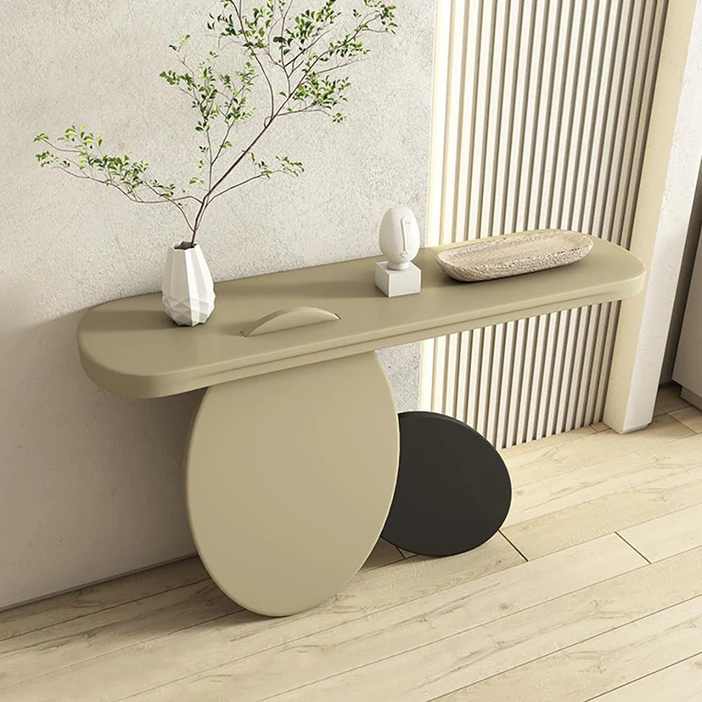 39.4_ModernConsoleTableRectangularWoodEntrywayTablewithCircleBaseLightKhaki_2.jpg طاولة كونسول بتصميم فاخر - الصورة 1