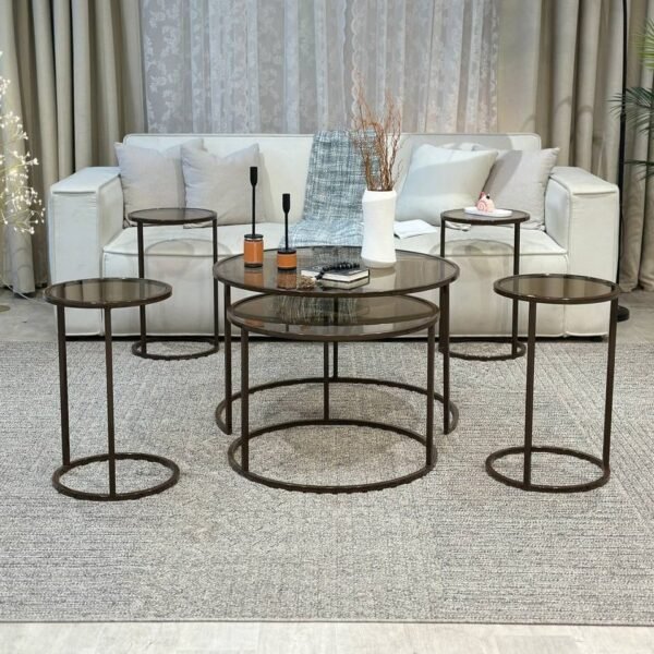 طقم طاولات ضيافة لون بني زجاج بني مع 4 خدمة